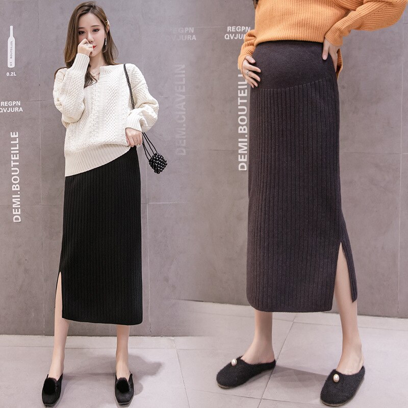 Gonne premaman New Fashion gonna a metà polpaccio autunnale lavorata a maglia coreana con spacchi laterali gonne a pancia a vita alta per donne incinte