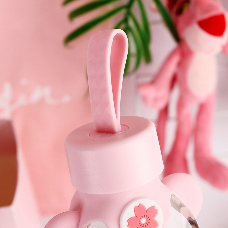 Neue Nette Glas Flasche Kreative Karikatur Rosa Kirschblüte Glas Wasser Tasse Mit Silikon Abdeckung Für Frauen Mädchen Trinken Flaschen
