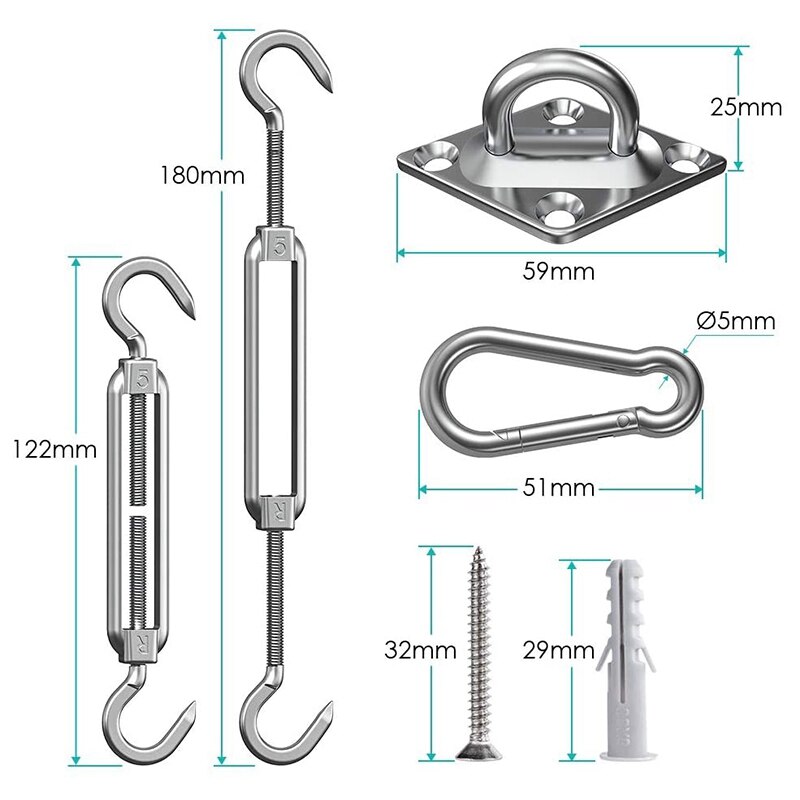 40 pièces Kit de fixation de voile d'ombrage de soleil Kit de matériel d'ombre de voile 304 acier inoxydable pour l'installation de Rectangle/carré de jardin