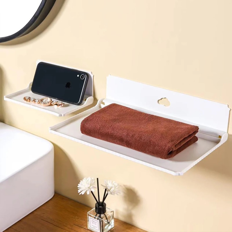 Hvit, sammenleggbar veggmontert hylle uten slagg, brukt til baderom, nattbord, sammenleggbar oppbevaringshylle til mobiltelefon, magisk verktøy