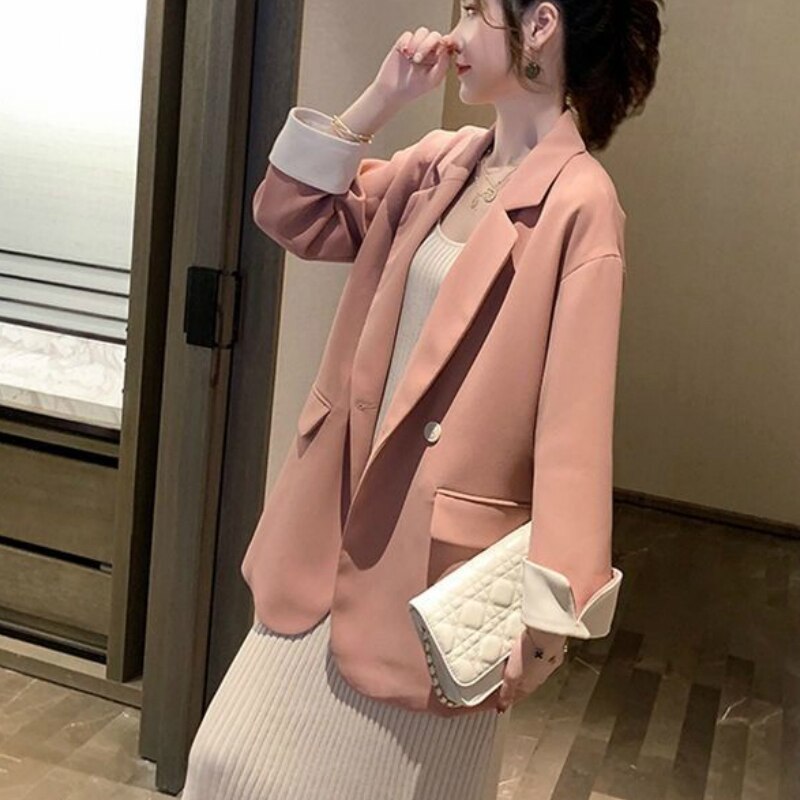 Blazer , col échancré pour femmes, Patchwork, style coréen, ample, pour femmes, bureau, , tendance, nouveauté décontracté: pink / XXL