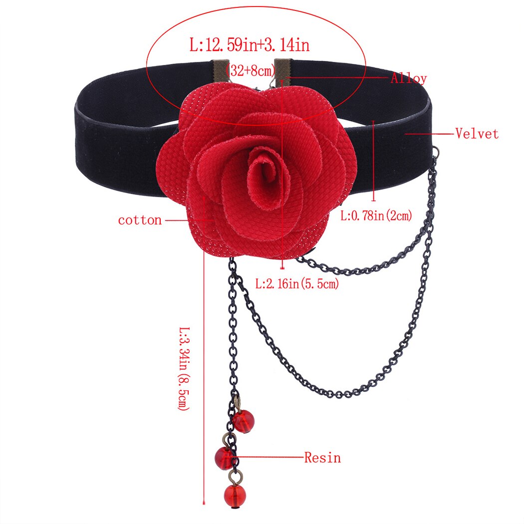 Red Rose Black Choker Flower Chain Decor Choker Necklace Gothic Choker for Women Halloween Nightclub Party Accessories