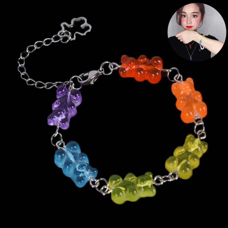 Brazalete de acero inoxidable para mujer, pulsera hecha a mano de oso caramelo de dibujos animados, joyería para , , 1 ud.