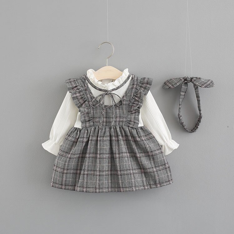 Søt vestido infantil baby jente kjole jenter college vindkjole 0-3 år gammel baby langermet høst todelt lang kjole: Grå / 24m