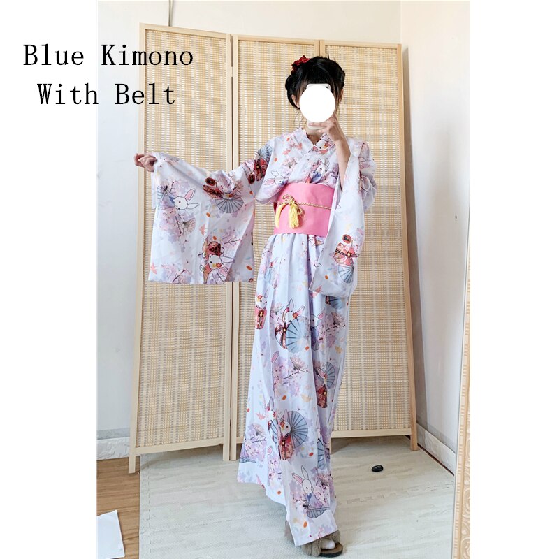 Vestido Kimono tradicional japonés para mujer, Kimono Oriental Yukata para Festival de Año , disfraces de Cosplay Vintage Obi: Color2 With Belt
