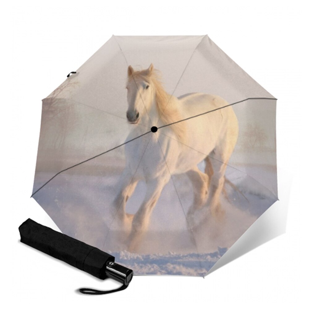 Anti uv drie opvouwbare witte paardenpatroon paraplu dieren schilderij pongee zonnige en regenachtige paraplu's mannen en vrouwen kunstparasol: Ysa 1513