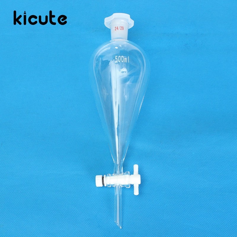 Kicute 500ml Clear Glass Separatory Borosilicate Funnel With PTFE Stopcock Pear Shape Funnel 24/29 Chemistry Lab Supplies