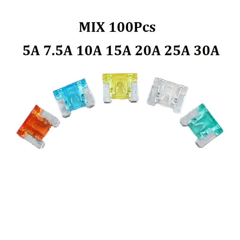 100pcs automotivo pc e liga de zinco de baixo perfil mini fusíveis 5a 7.5a 10a 15a 20a 25a 30a fusível de carro: MIX 100Pcs