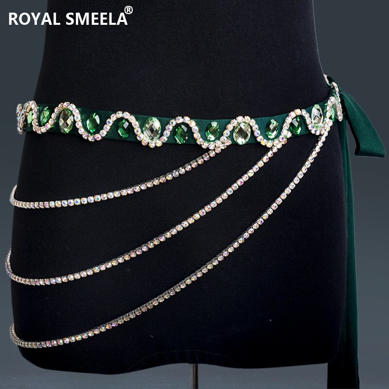 Kvinder diamant talje kæde danse tilbehør mavedans kæde mavedans bælte rhinsten talje kæde bælte mavedans hofte bælte: Grøn