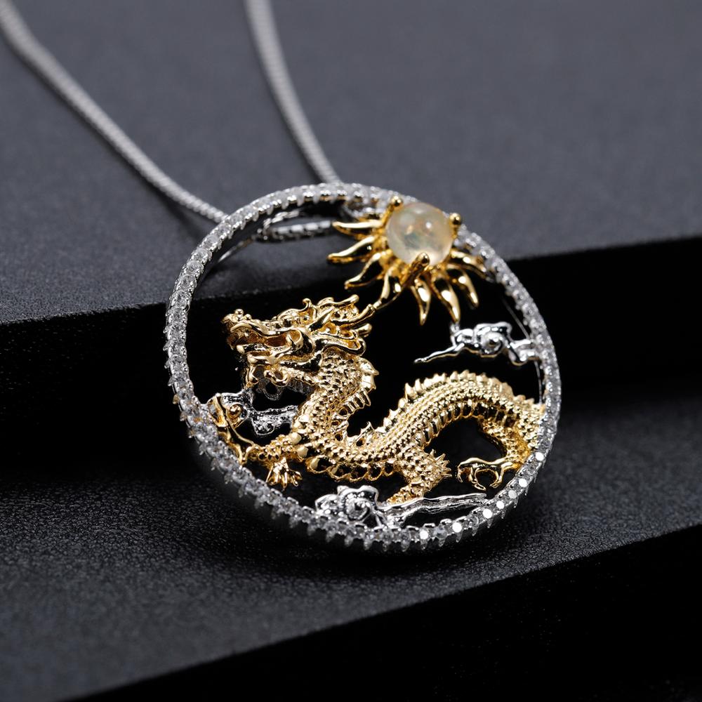 GEM'S BALLET Natural African Opal Gemstone Chinese Zodiac Jewelry 925 Sterling Silver Flying Dragon Pendant Necklace For Women