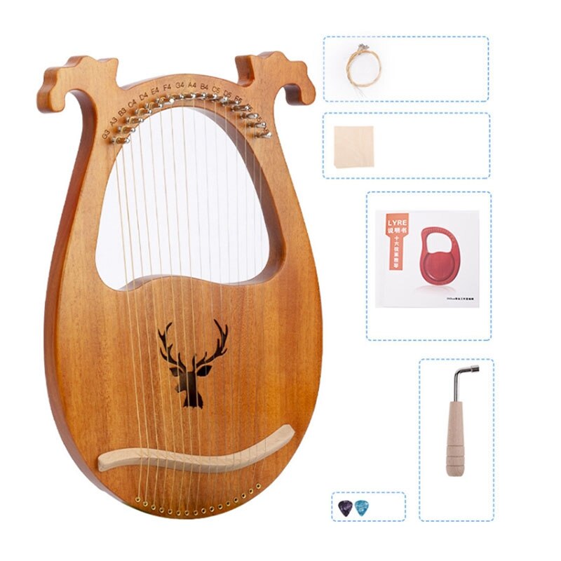 Mahogany Wood Harp 16 String 16 Tone Harp Portable Lyre Musical Instrument for Kids and Frends