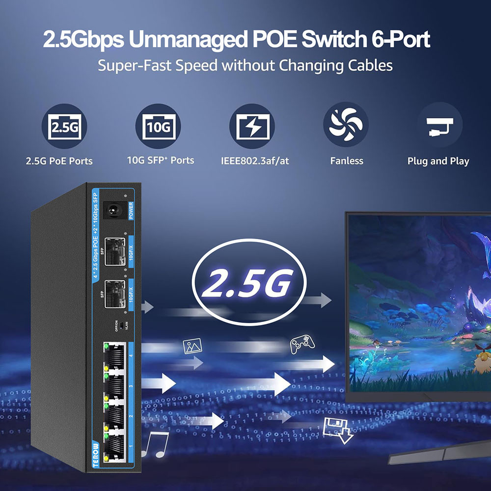 Switch poe não gerenciado de 6 portas 2.5 gb com portas poe base-t 4*2.5g, 2*10g sfp + uplink 802.3af/at (poe +) switch poe 2.5g para nas/pc