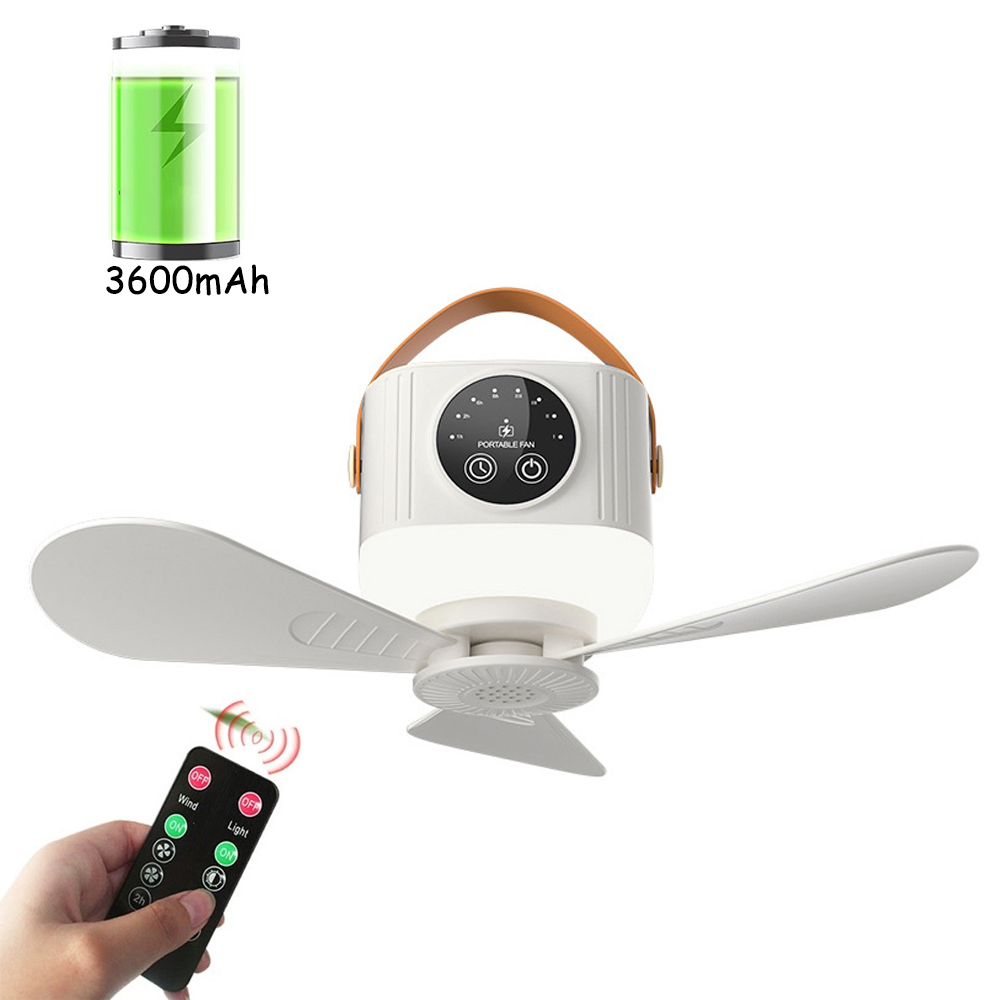 Mini draagbare plafondventilatoren USB oplaadbare afstandsbediening voor thuis Stil plafondventilator Licht Outdoor campingventilator met nachtverlichting: WHITE