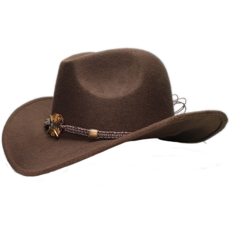 Sombrero de vaquero de ala ancha para hombre y mujer, gorro de lana de estilo Vintage, estilo occidental, Formal, con lazo, banda de cuentas de punto de madera, 61cm, talla grande: Castaño