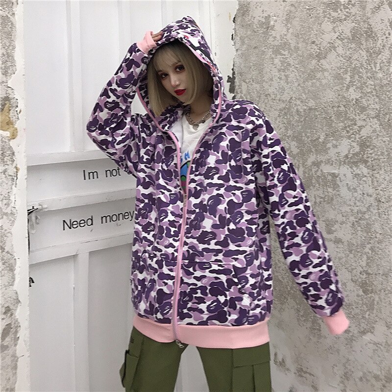 Fmzxg waitmore haj camouflage hættetrøje tilgængelig hip-hop løst par fritid løstsiddende slouchy jakke: Lavendel / Asian-xl (eur l)
