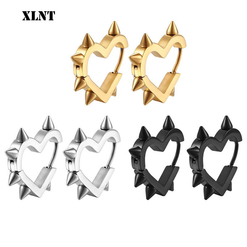 Exaggerated Spike Rivet Heart Stud Earrings For Women Men 3 Colors Stainless Steel Ear Buckle Piercing Goth Jewelry aretes