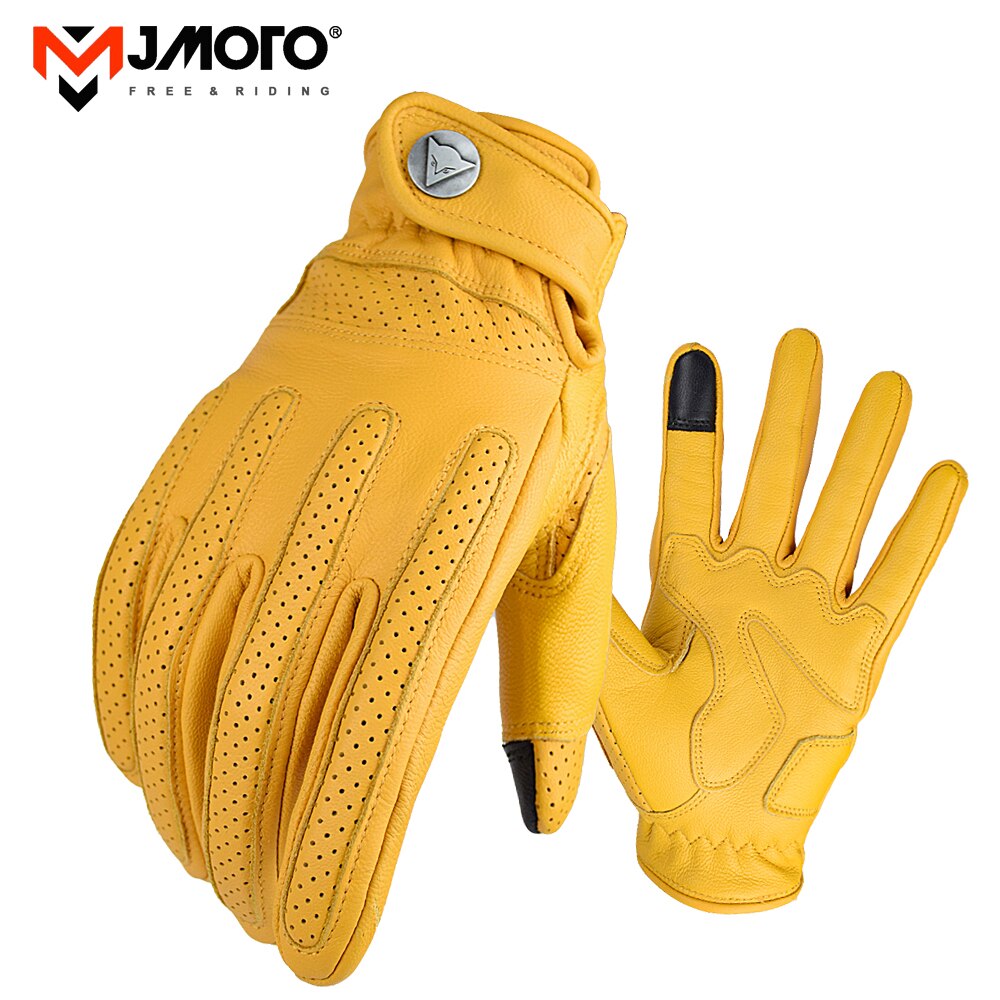 Retro luvas da motocicleta touchscreen moto equitação luvas dedo cheio primavera do vintage couro luva guantes: YELLOW / M