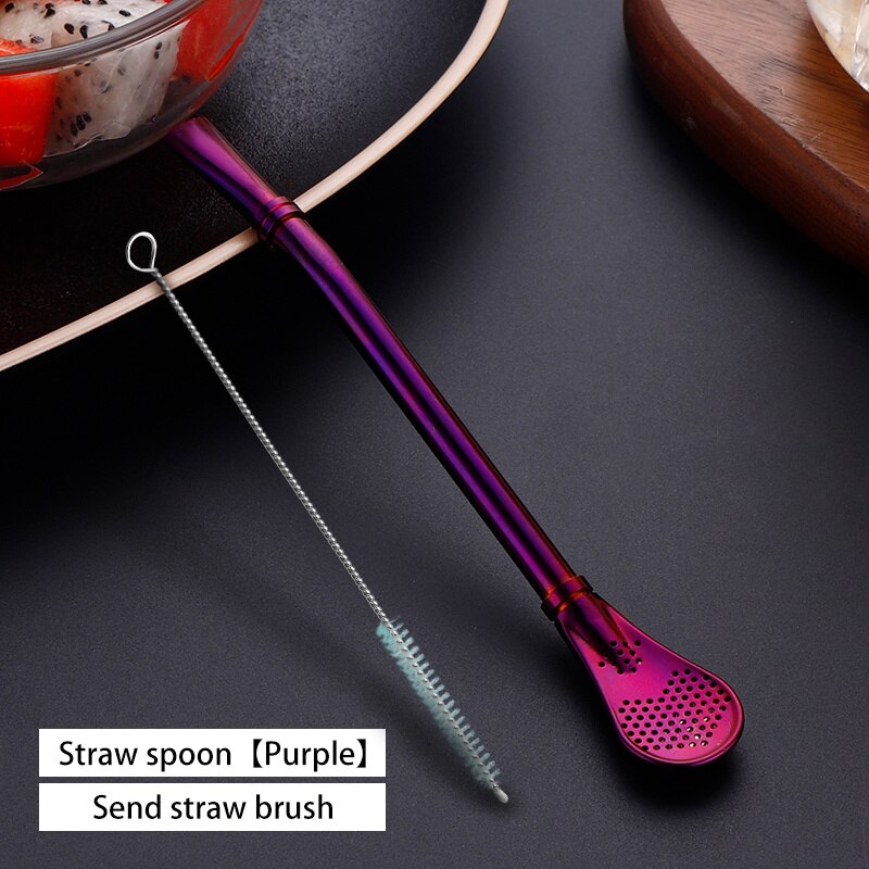 VandHome-pajita para beber, cuchara de acero inoxidable para bebidas, pajilla reutilizable, filtro de paja de té Mate, accesorios para Bar y: Purple