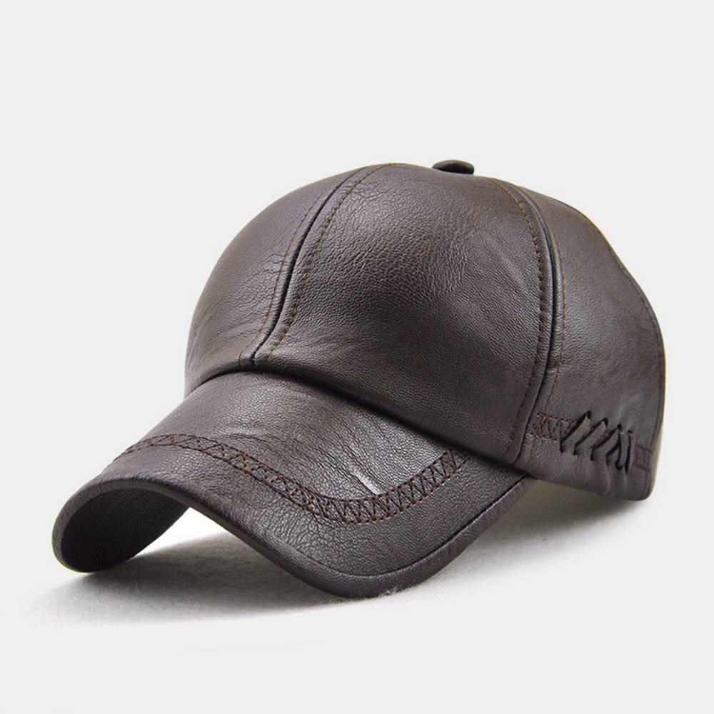 Justerbar forår vinter pu læder baseball caps til mænd solid pu læder herre kasket udendørs snapback hat sort brun vævet indretning