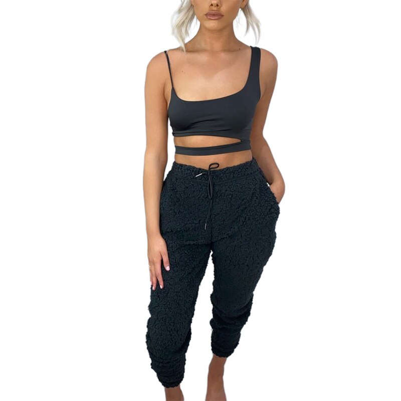 Pantalon pyjama à la cheville pour femmes, poches chaudes, couleur unie, cordon de serrage, taille naturelle, polaire