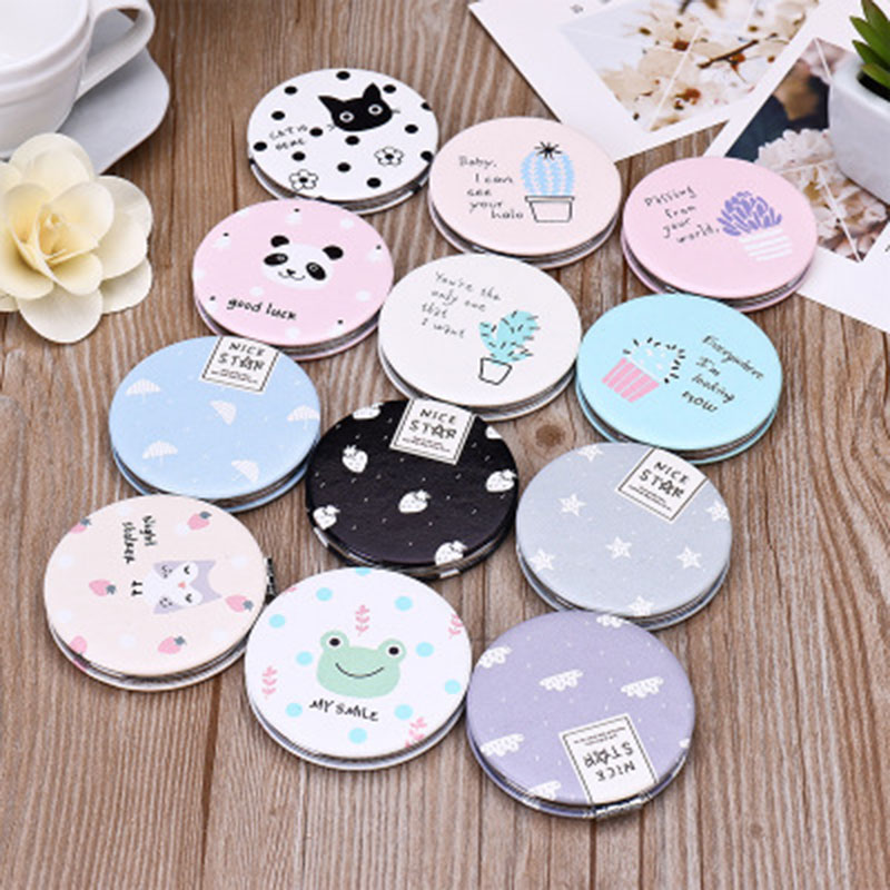 Espejo redondo pequeño de cuero PU, espejo plegable de doble cara para chicas, espejo portátil con estampado de plantas y gatos, Espejos de maquillaje decorativos