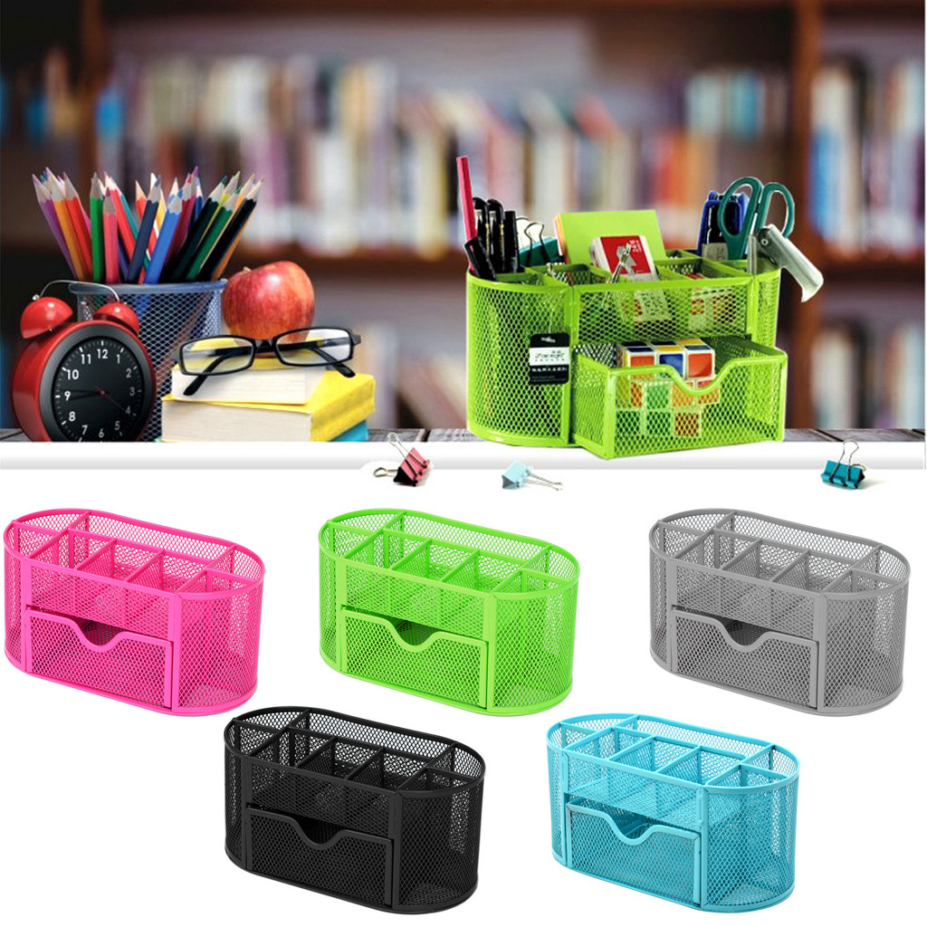 Metal Desk Organizer Combination Mesh Desktop Pencil Pen Badge Holder Storage Box Stationery Ruler Office School Supplies