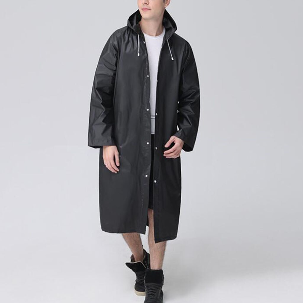 Women Men Solid Black Rain Poncho Long-Sleeved Hooded Raincoat Waterproof Packable Rain Jacket with Drawstrings