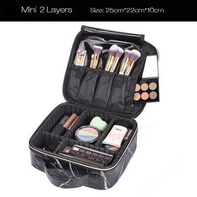 Vrouwen Professionele Nylon Make-Up Case Draagbare Reizen Schoonheidsspecialist Case Cosmetische Organizer Case Box Met Spiegel Schoonheid Koffer: Mini Black Marble