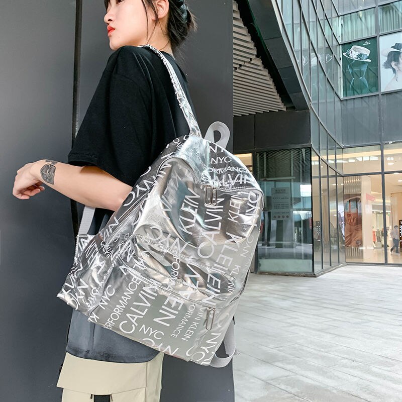 Cool shiny unisex couple school backpacks big student College school bag women men packs: Silver