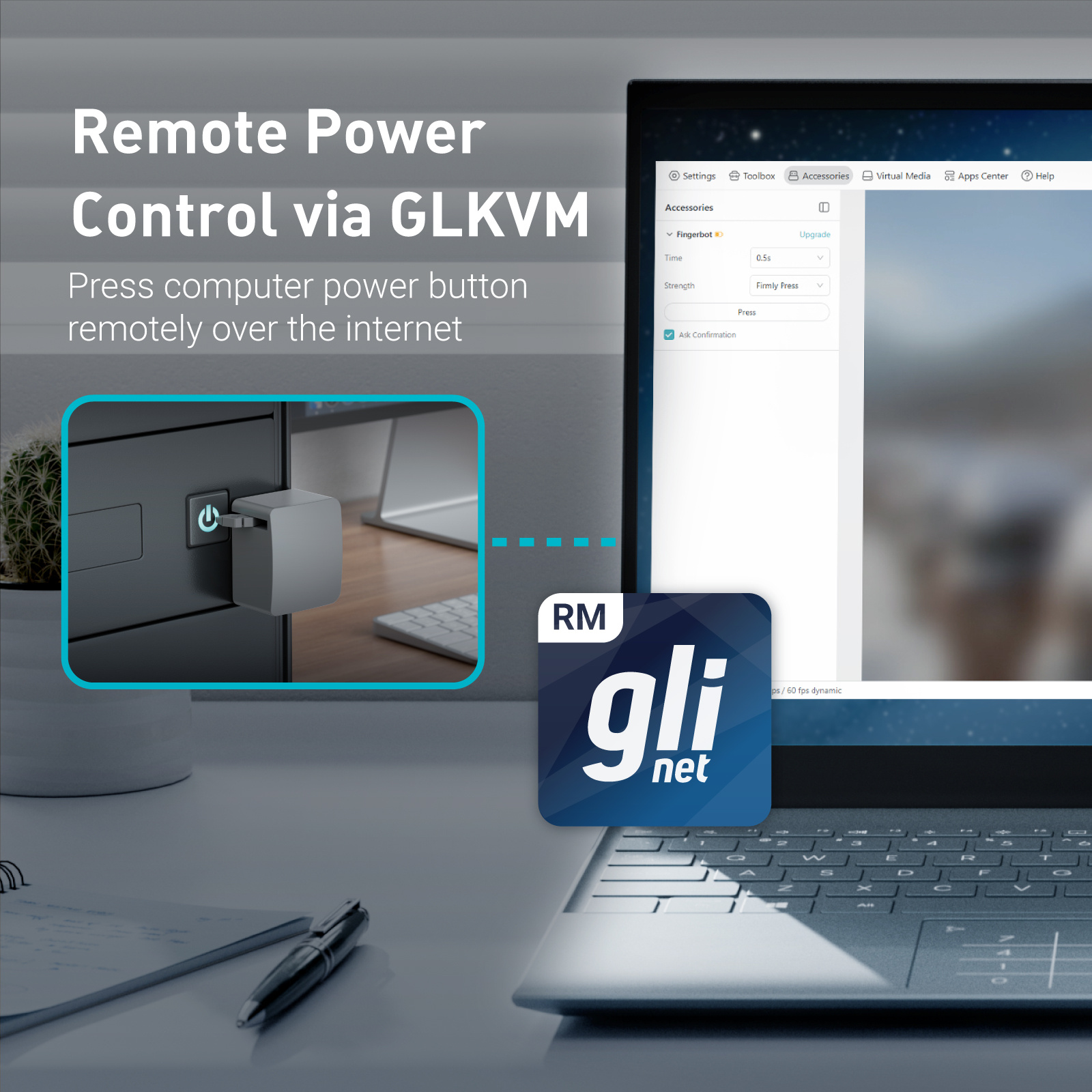 Controle remoto de energia para PC Fingerbot Comet (GL-RM1) compatível com sistemas KVM adaptados de configuração simples
