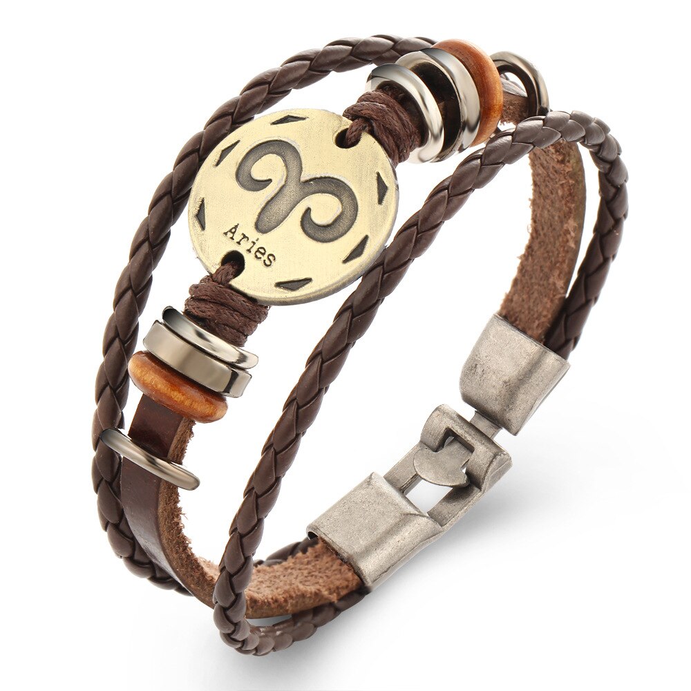 60 pz/lotto 12 costellazione zodiaco intrecciato bracciali in pelle marrone braccialetti per uomo donna Punk ariete leone bilancia gioielli all'ingrosso