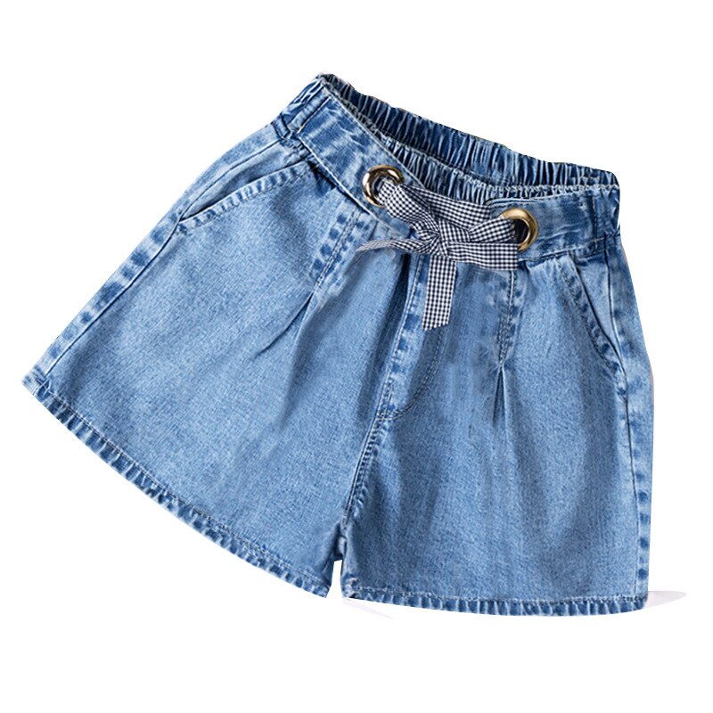Pantaloncini per bambina Jeans pantaloni estivi in tinta unita per bambini coreani adolescenti pantaloncini elastici in vita abiti blu per adolescenti