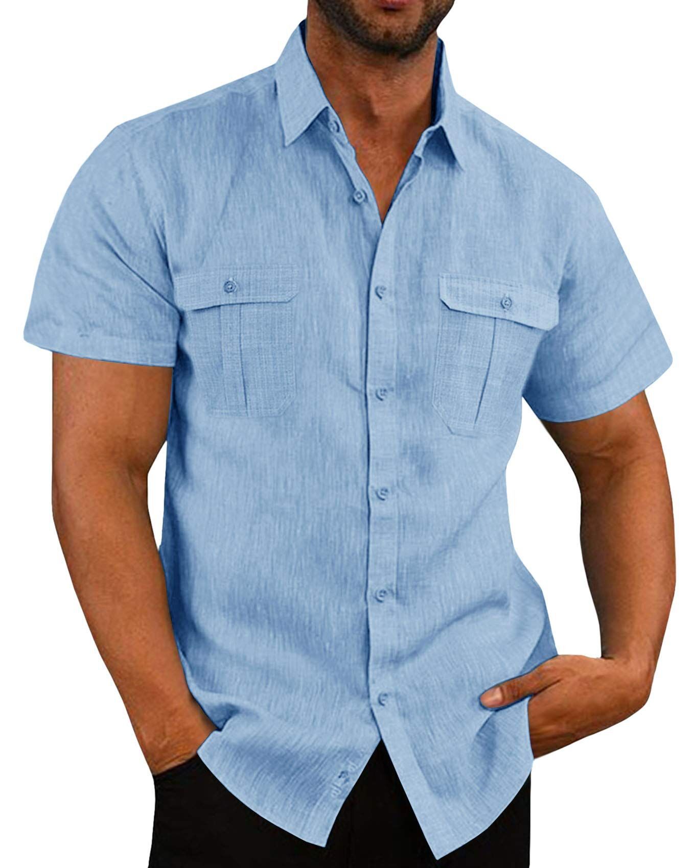 Katoen Linnen Mannen Korte Mouwen Shirts Zomer Effen Kleur Opstaande Kraag Casual Strand Stijl Plus Size mannelijke Shirts M-5XL: L / Blauw