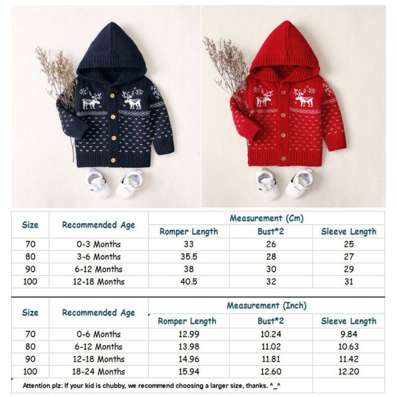 Christmas Xmas Knitted Coat Baby Girls Boys Coat Hooded Jacket Cardigan Christmas Deer Outwear 0-18 months