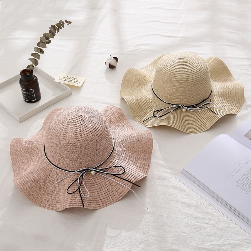 Trendy French Style Pearls Strap Straw Hat Wide Brim Beach Folding Straw Hats Spring Summer Travel Women's Sun Hat Girls