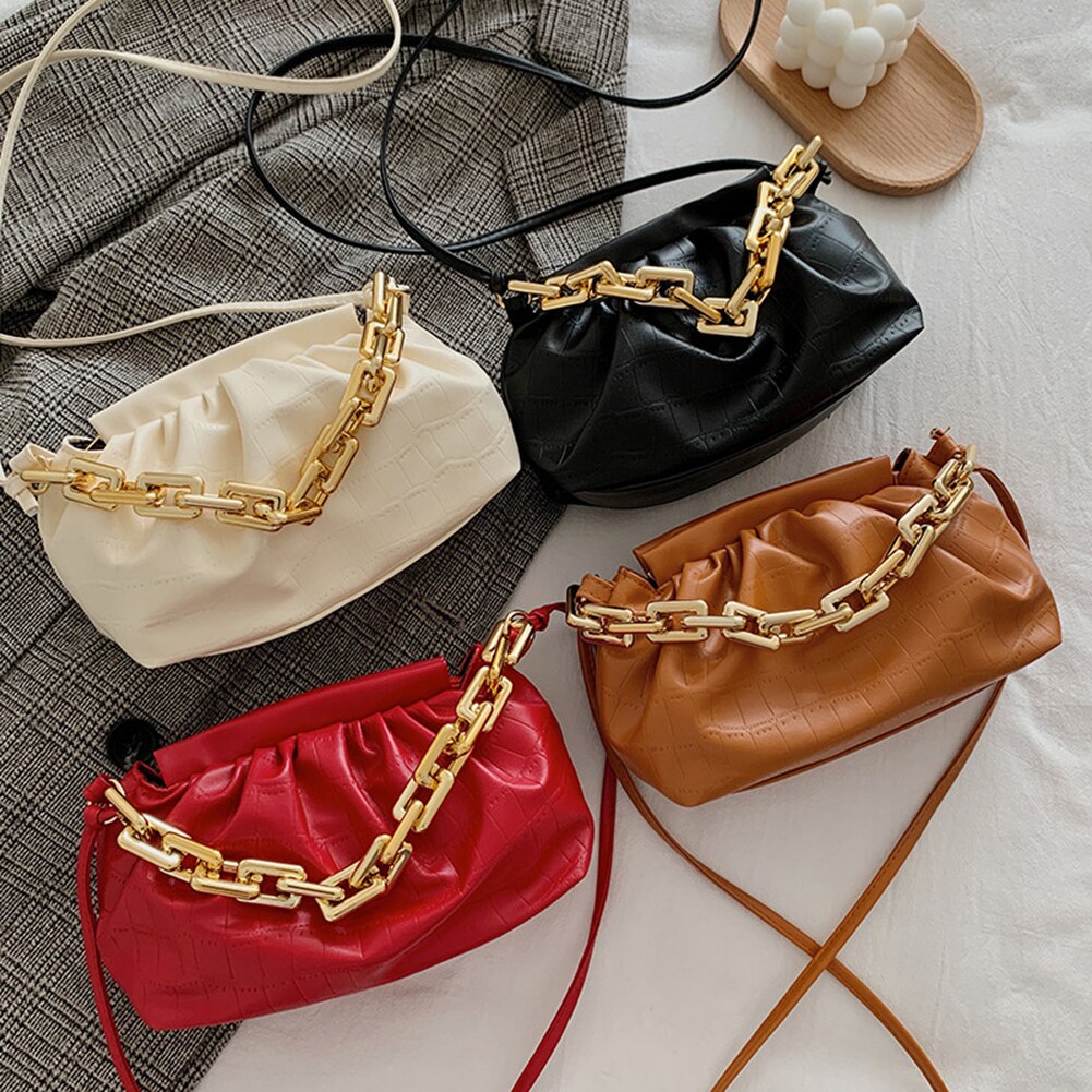 Sacs à main plissés en cuir PU pour femmes, sacs à bandoulière à motif de pierre rétro, sacoche à épaule couleur unie avec chaîne