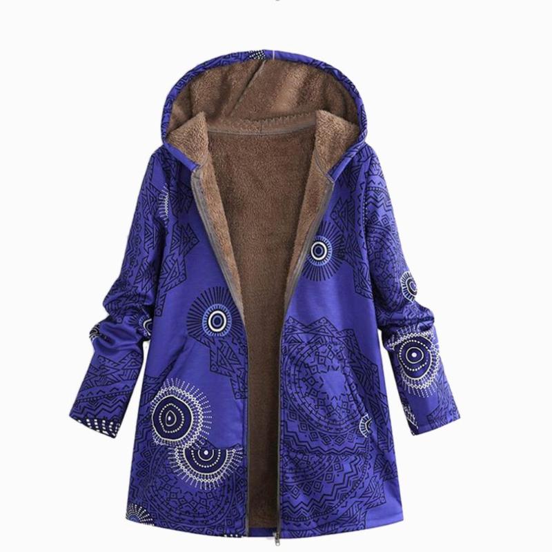 Womens Casual Winter Coat jacket Warm velvet Outwear Floral Print Hooded Pockets Zipper Print Ethnic Style Outwear: Blue / XL