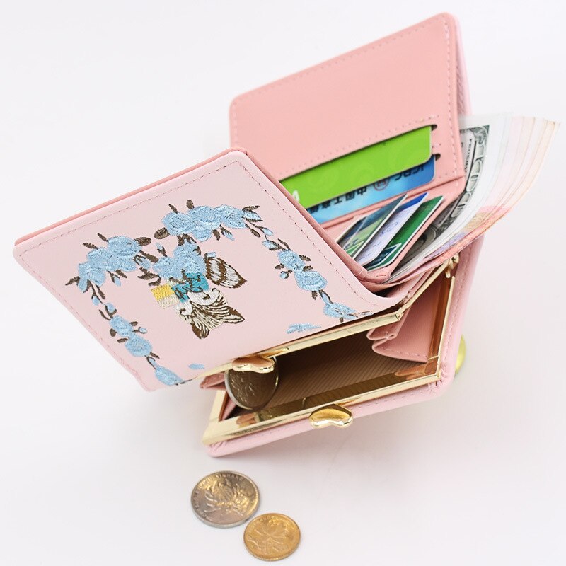 Dames portemonnees muntkaarthouder portemonnee dames geborduurde korte portemonnee schattige vos portemonnee slot dames drievoudige portemonnee