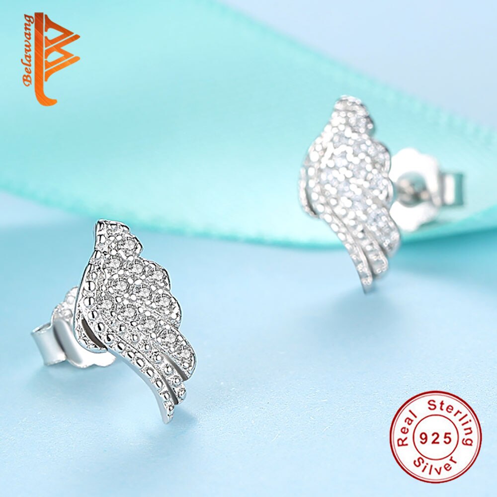 BELAWANG Mode Zirconia Stud Oorbellen Voor Vrouwen Veer Vleugels 925 Sterling Zilveren Oorbellen Wedding Party Sieraden