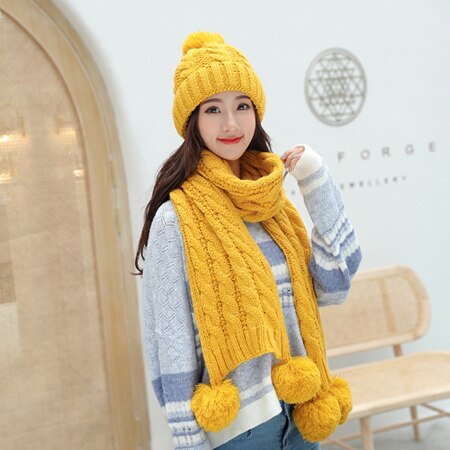 Dames winter muts sjaal set wol gebreide muts vrouwelijke bont pompon mutsen voor vrouwen dames kap dikke warme skimuts kraag: Geel