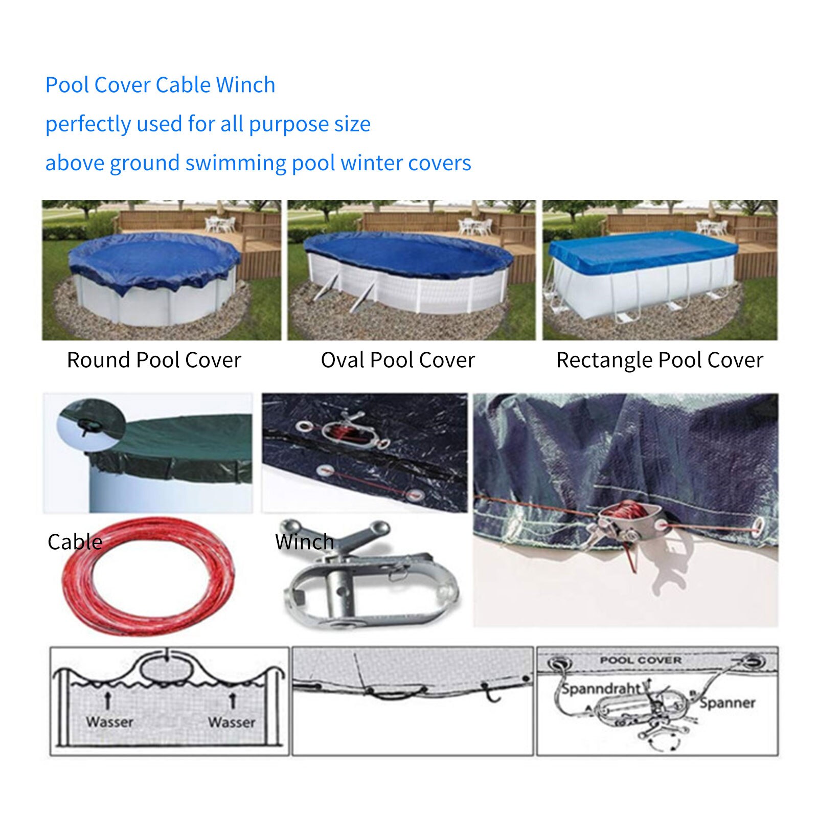 Pro Swimming Pool Cover Cable Winch Kit 100ft for Above Ground Swimming Pool Cover Plastic-coated Wire Fastener