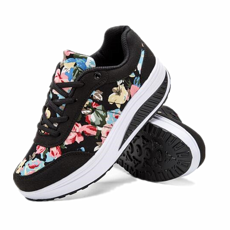 Breathable Women Toning Shoes Flower Printed Comfortable Thick Soles Heighten Swing Shoes Platform Wedge Sneakers