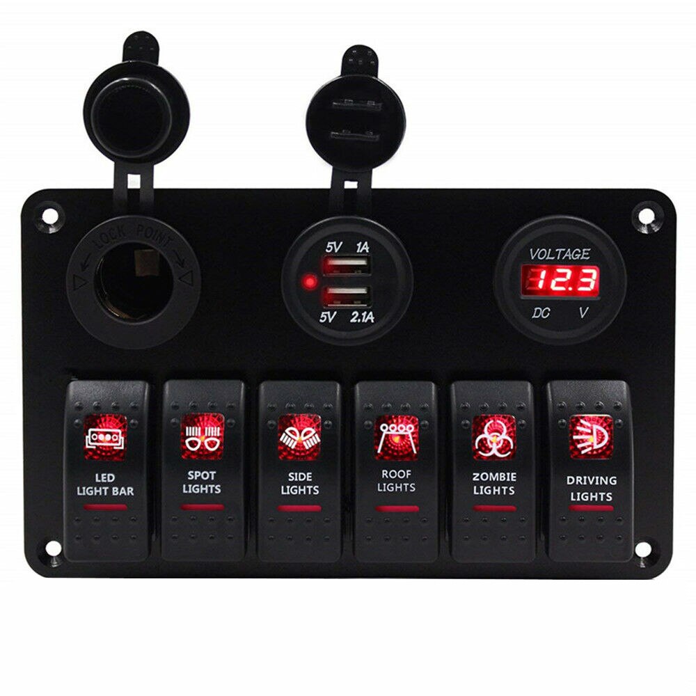 5 Gang Switch Panel Dual USB Wiring Kits DC12V~24V Power Socket Marine Boat Car Switch Panel: 6 Gang Red LED