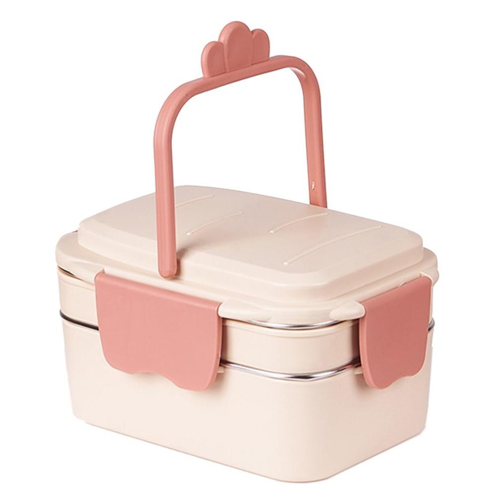 Double-Layer Lunchbox Rvs Food Storage Container Draagbare Lekvrije Silicone Ring Lunchbox Cartoon Servies: pink