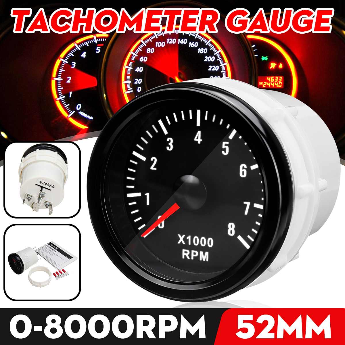 2" 52mm 0-8000RPM (On dash) White Electrical Rev Counter Tachometer Tacho Gauge For Petrol Motor Engine Car Van Boat Motorcycle
