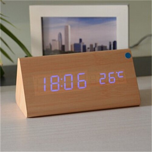 triangular wooden clock,sound control,thermometer,4 color LED display,digital desktop bedroom alarm clock on desk: bamboo clock blue