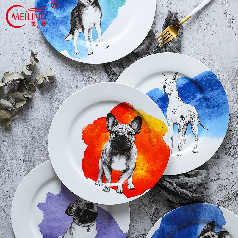 10inch Porcelain Dog Plate Bone China Dinner Dishes Cute Serving Plate Collectible Art Pupply Lover Ceramic Animal Platter