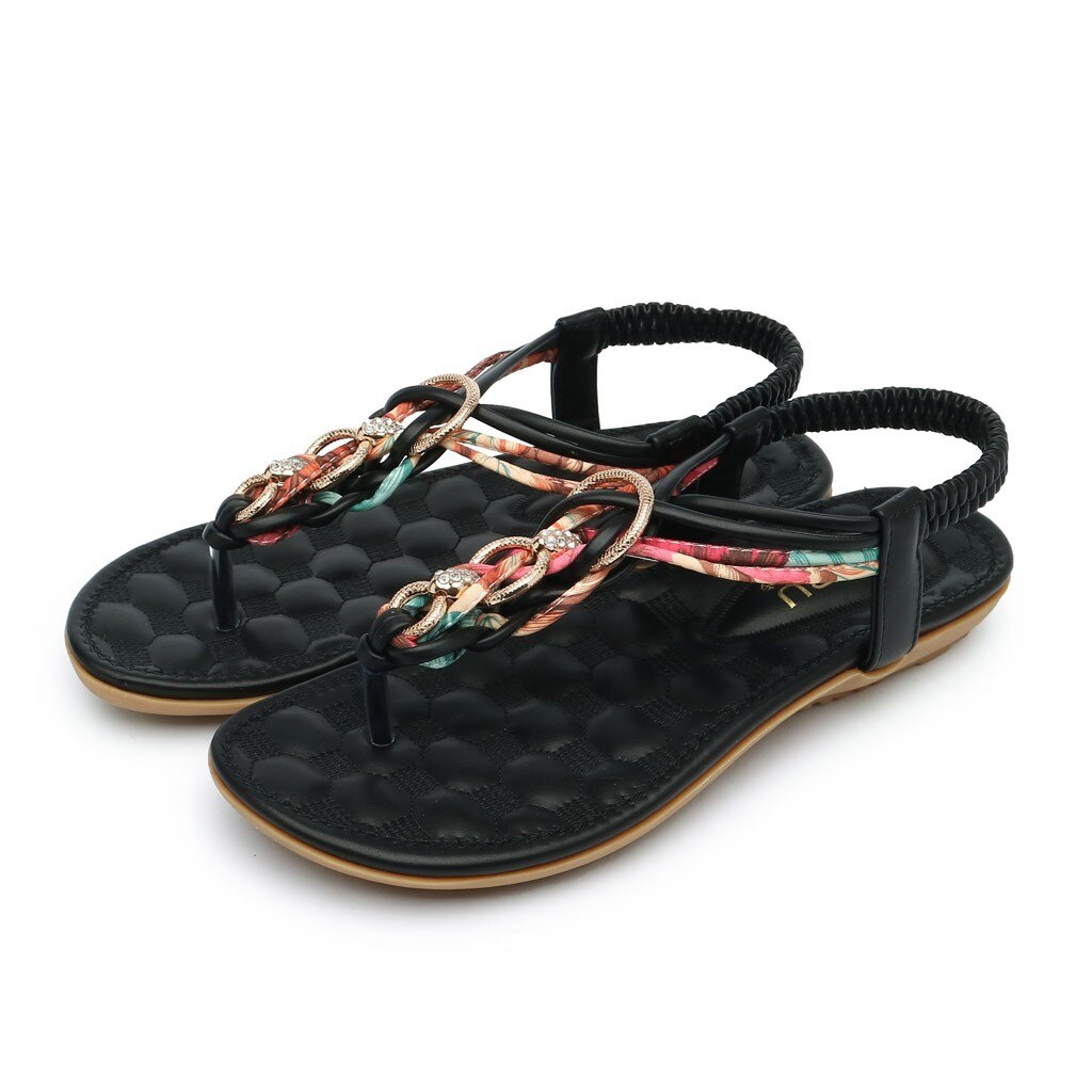 Sandalias De Mujer, Sandalias planas con cuentas bohemias para Mujer, Sandalias planas con cristales, Sandalias para Mujer, Verano De Cuero #3: Black / 8.5
