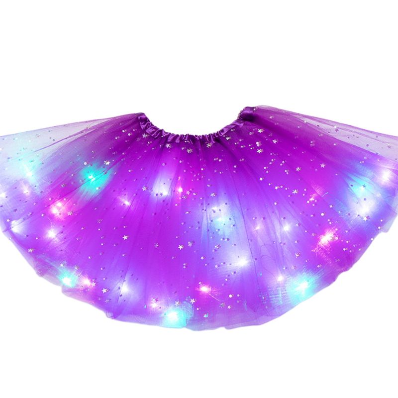 Falda con lentejuelas y estrellas brillantes para niñas, tutú de baile y Ballet con luces LED, Vestido corto de tul en capas de colores neón para escenario y: Deep Purple