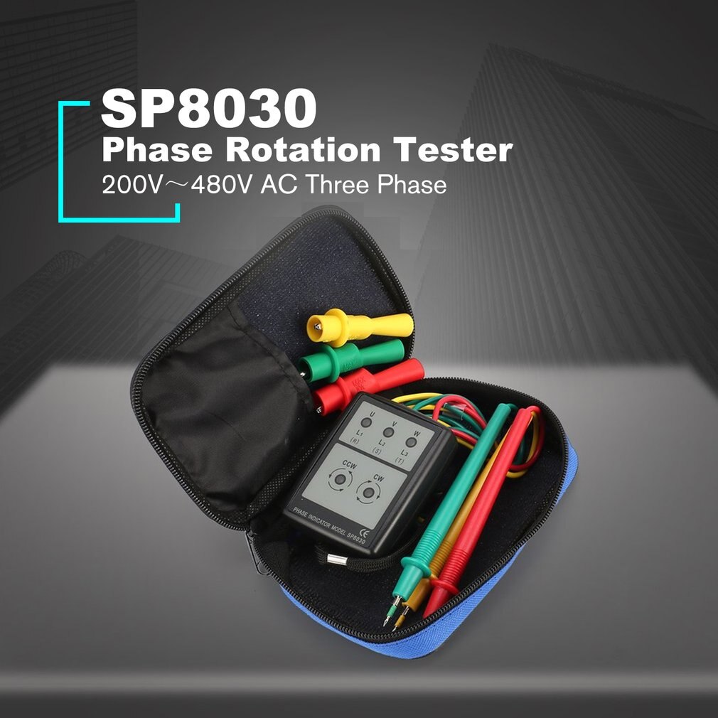 SP8030 3 Phase Rotation Tester Digital Phase Indicator Detector LED Buzzer Phase Sequence Meter Voltage Tester 200V-480V AC